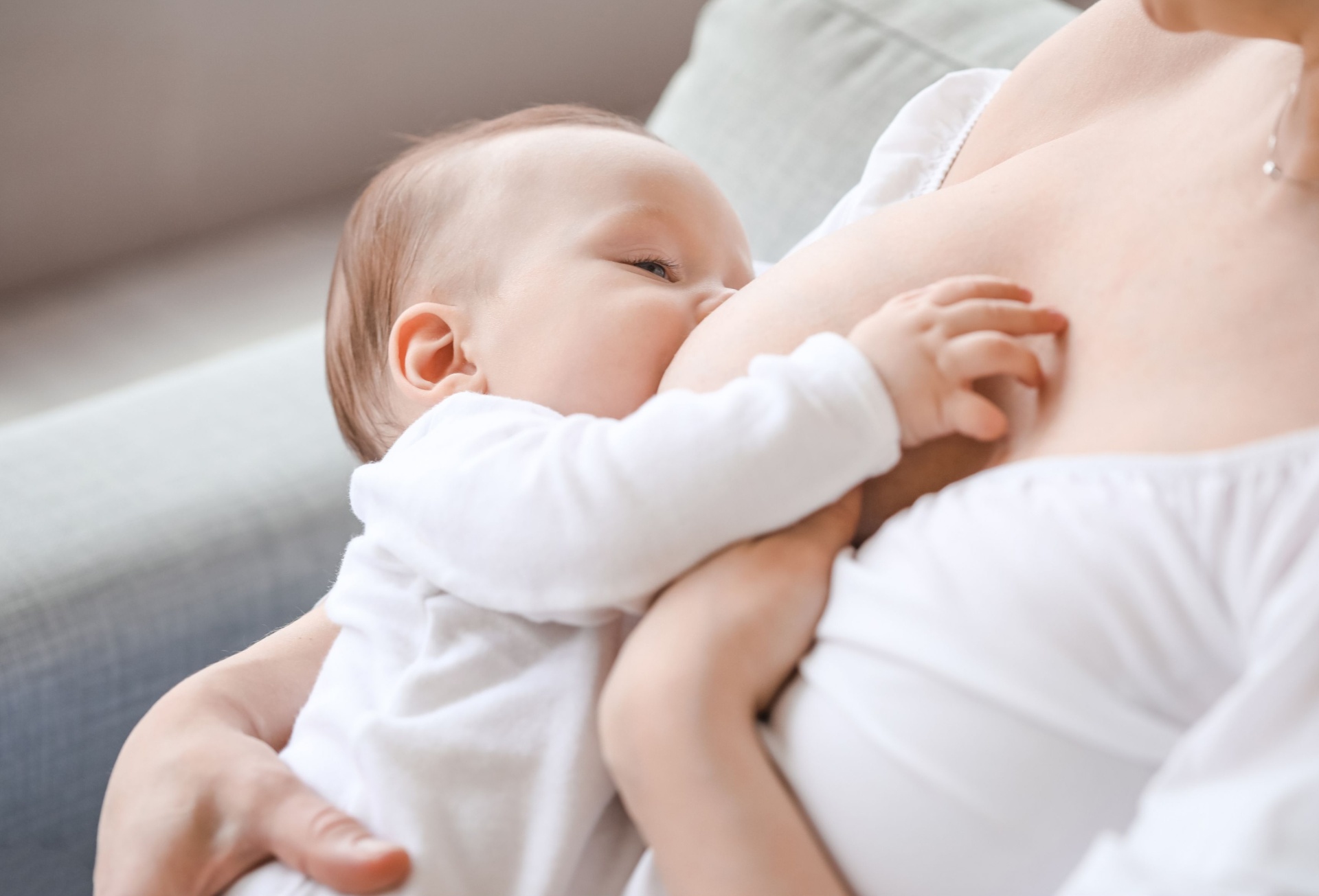 A mother sitting by a bright window holding her newborn baby gently in a calm home.